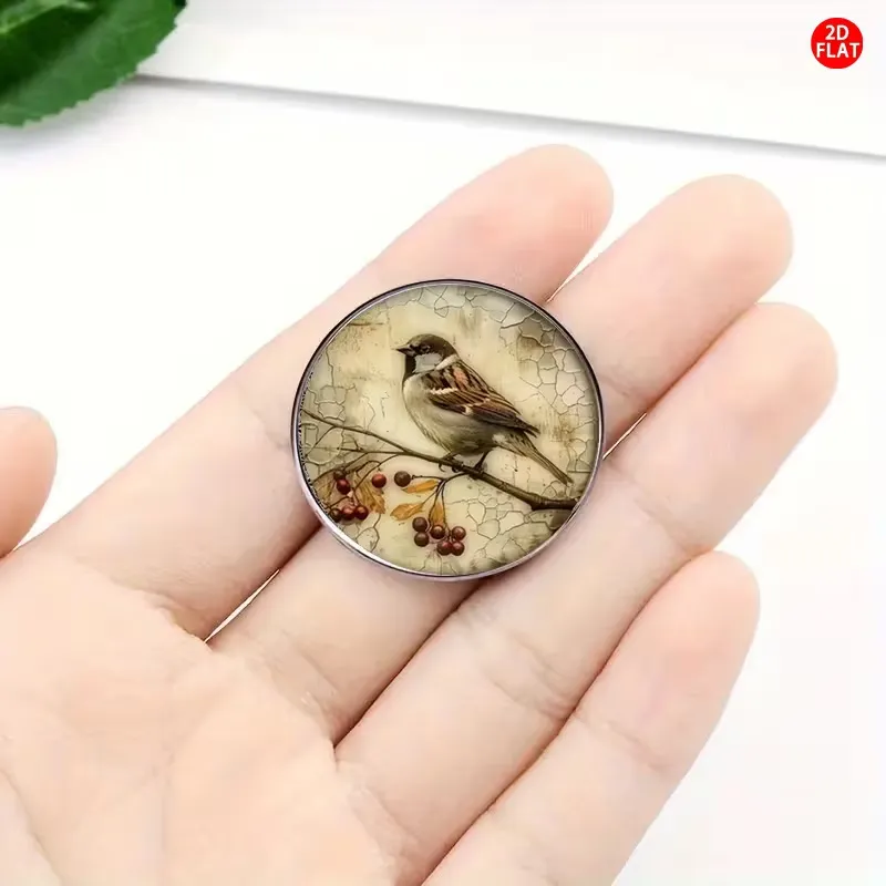 Bird & Cherry Brooch – Stainless Steel & Glass Lapel Pin, Unique Clothing Badge / Emblem for Jackets, Coats & Bags